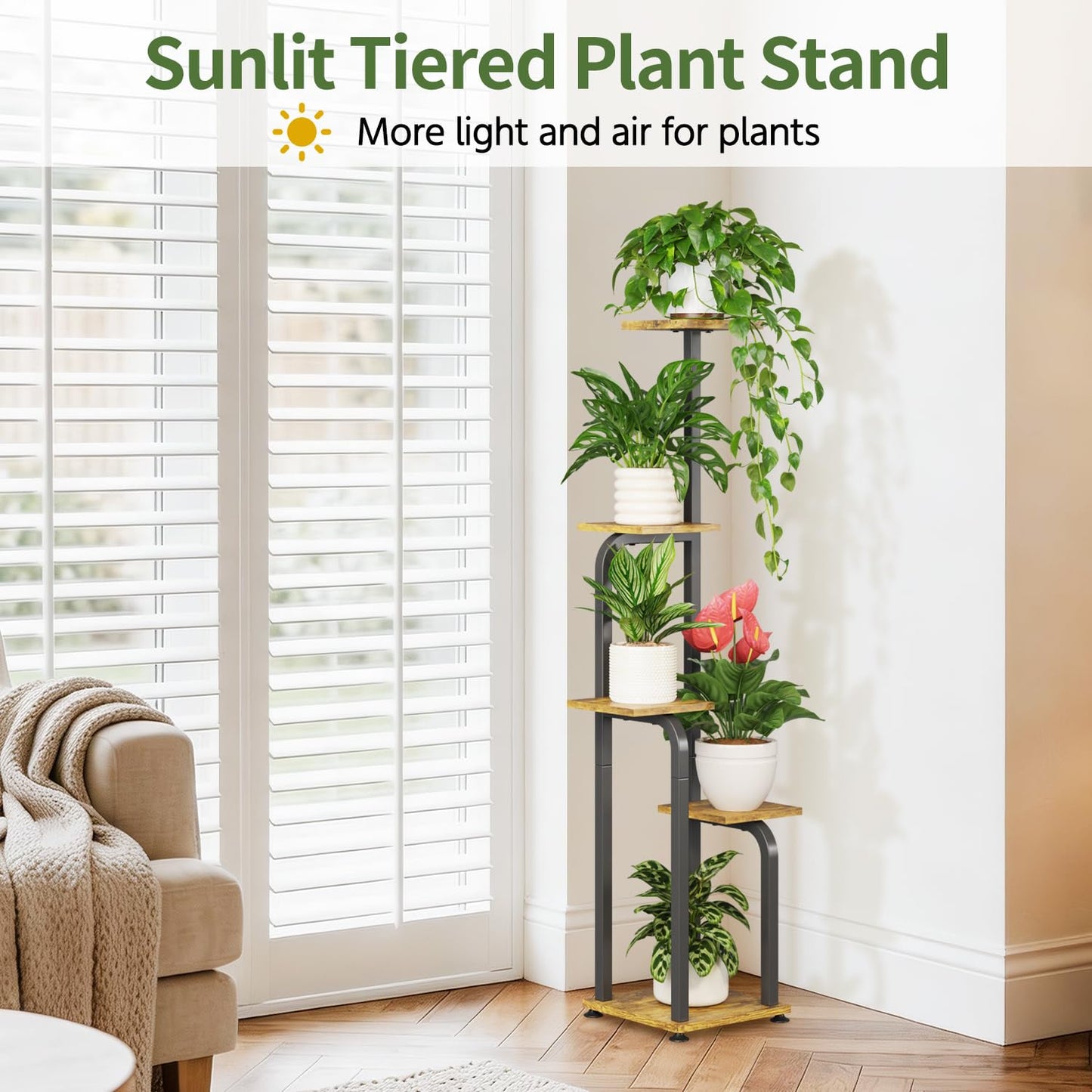 LASZOLA 5 Tiered Plant Stand Tall for Indoor Corner, Modern Multiple Flower Display Rack with Wooden Tray, Vertical Planter Shelf for Living Room Bedroom Patio Garden Balcony, Black