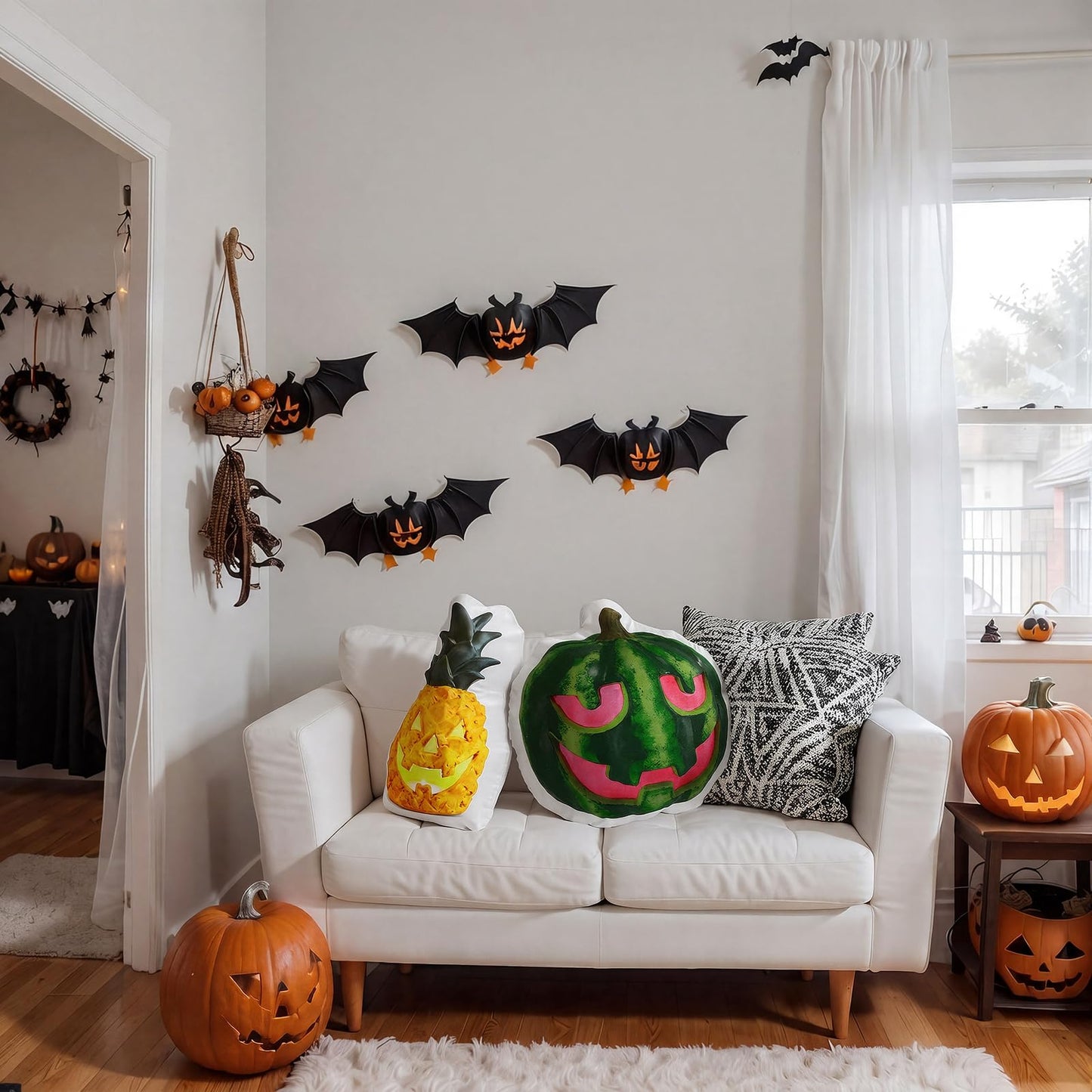 Cinnvoice 2 Pcs Summer Halloween Watermelon Pineapple Jack-o-Lantern Throw Pillows 15.7 Inch Halloween Spooky Summer Decoration for Home, Sofa, Bed, Car, Couch Holiday Decor