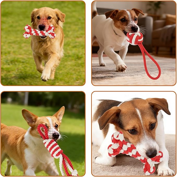 3 Pack Cotton Rope Dog Toy Set, Indestructible Chew Toys for Aggressive Chewers, Puppy Teething Toys with Bone, Human & Rope Dog Ball Designs for Boredom Relief & Tug of War, Red-White