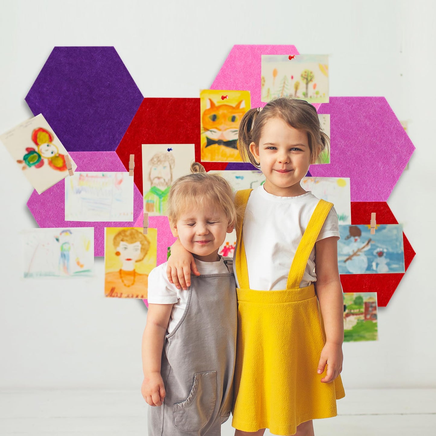 Vuzvuv 8 Pcs Hexagon Bulletin Board with 50 Pushpins & 10 Wooden Clip Pins Adhesive Cork Board for Wall,Felt Pin Board for School,Office Decor(Deep Purple)
