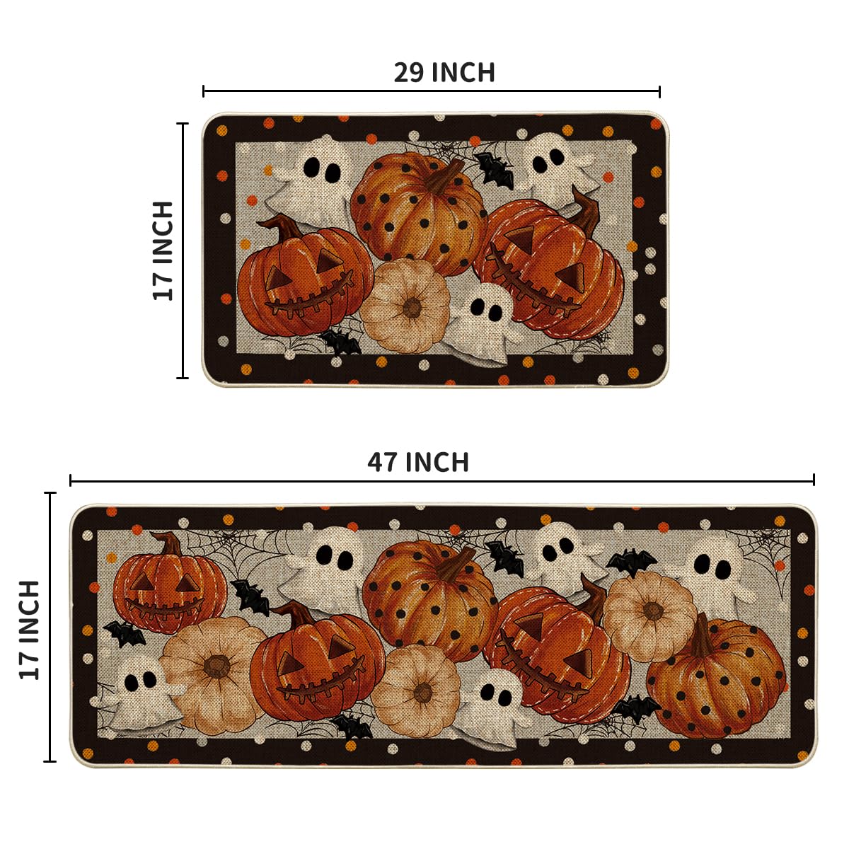 Artoid Mode Black Ghost Spooky Jack-O'-Lantern Pumpkin Halloween Kitchen Mats Set of 2, Low-Profile Home Decor Kitchen Rugs for Floor - 17x29 and 17x47 Inch