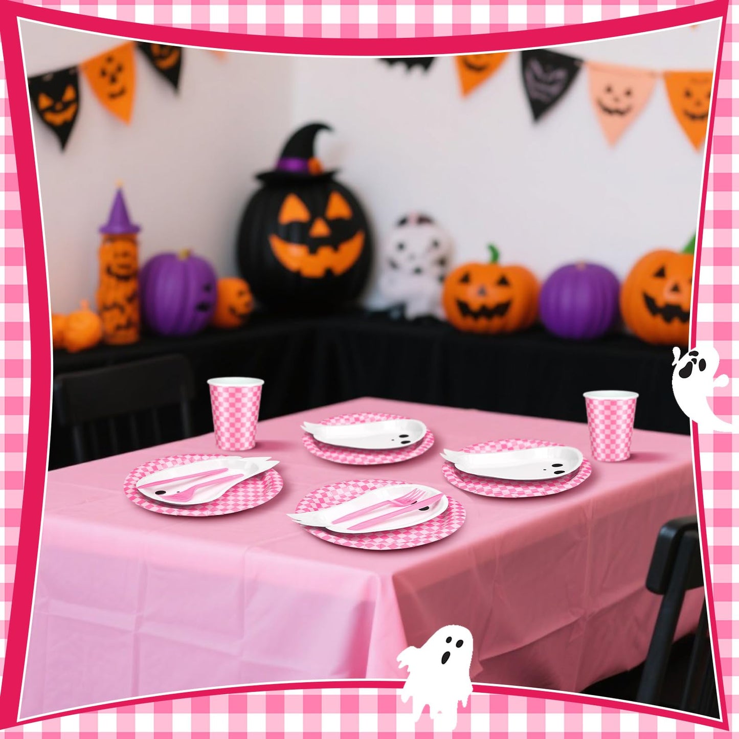 Yungyan 144 Pcs/24 Set Summer Halloween Paper Plates and Napkins Boo Ghost Plates Pink Cups with Forks and Knife Halloween Party Tableware Set for Spooky Birthday Party Decoration Boo Baby Shower