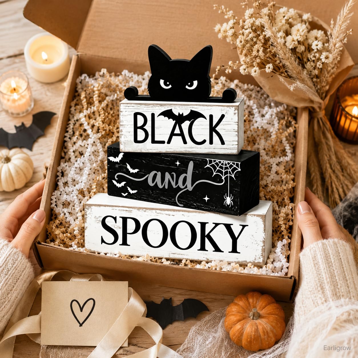 4 Pcs Halloween Table Decorations Black Cat Wooden Block Signs Black and Spooky Rustic Tiered Tray Decor Farmhouse Halloween Centerpiece with Bat & Spider Web for Home Kitchen Shelf Office Mantel Party Favors