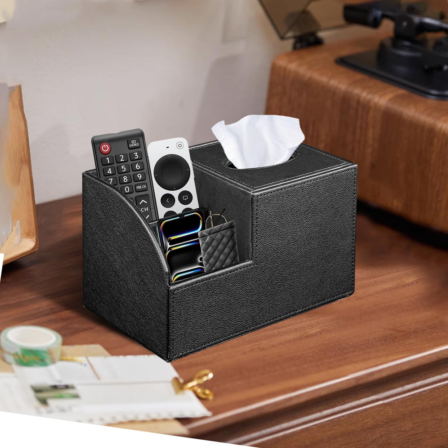 PU Leather Square Tissue Box Cover - Multi-Functional Tissue Box Holder, Tissue Box Cover with Storage,Tissue and Remote Control Holder, Cube Tissue Box Organizer Bedroom Nightstand End Table