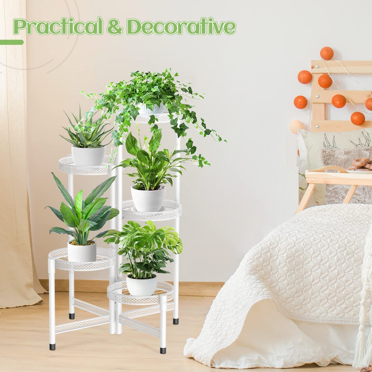 iDavosic.ly Plant Stand Indoor Outdoor, 5 Tier Corner Metal Flower Display Holder Shelf, Folding Tall Orchid Rack for Patio Balcony Porch Garden Living Room House, Wrought Iron - White