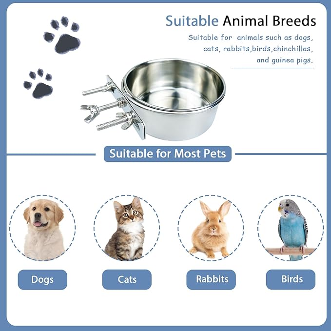 Stainless Steel Pet Crate Bowls, 2-Pack Rabbit Food Water Bowls No Spill Removable Hanging Parrot Feeding Cups Kennel Feeder Coop Cup for Small Medium Pets Birds Bunnies Cats Dogs (S+M)