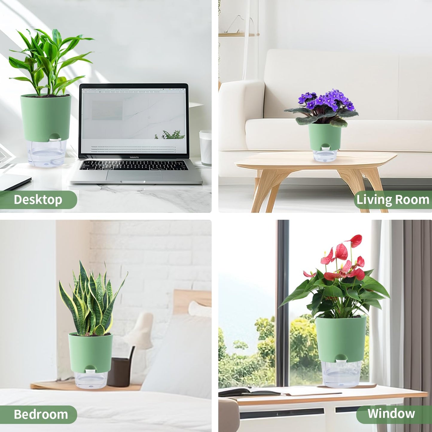Oliz Plant Pots Indoor 4 Packs Self Watering Pots for Indoor Plants 7.4/6.3/6.3/4.9 inchs, African Violet Pots Planter with Visible Reservoir Self Watering Planter for Herb, House Plant Planting