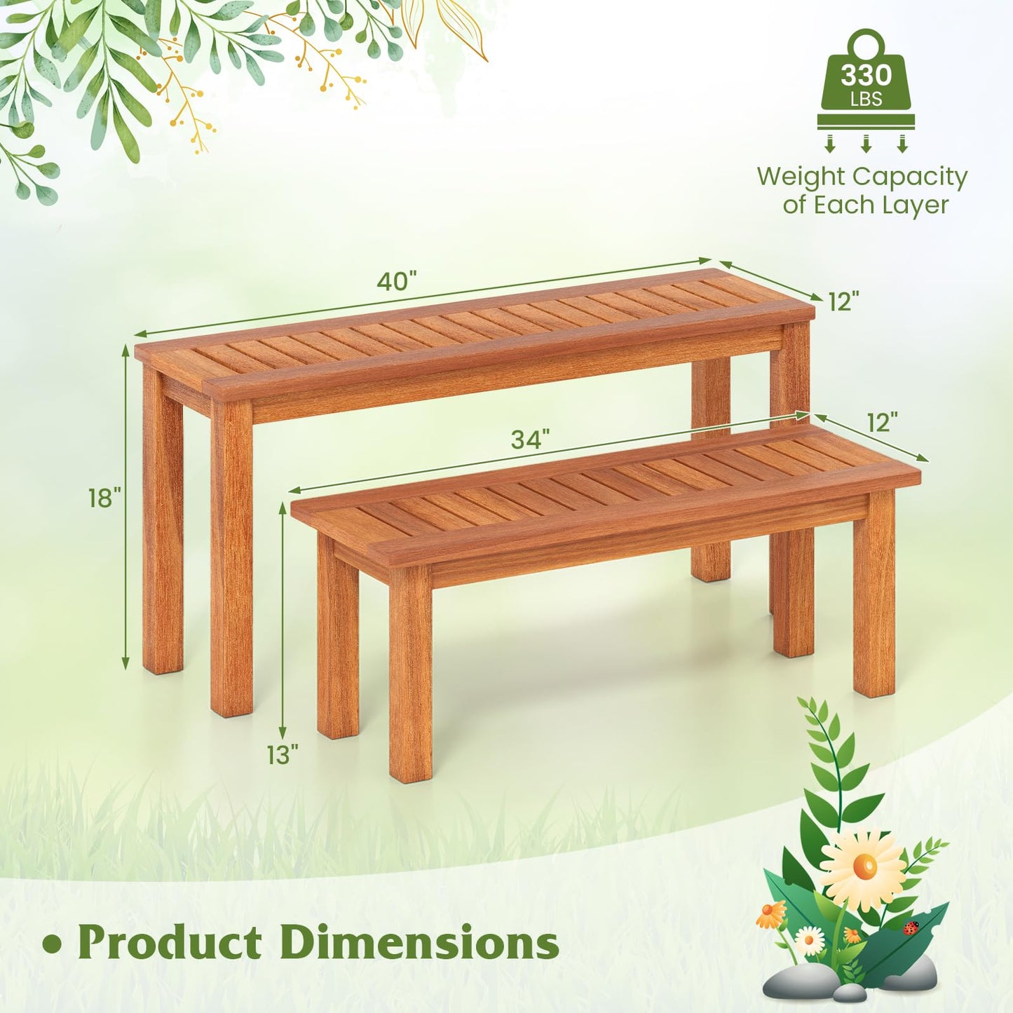 HOMGX Wooden Plant Stand Set of 2, Multifunctional Outdoor Backless Garden Bench with Slatted Seat, Easy Assembly, Rustic Flower Display Shelf for Yard, Entryway, Max Load 330 lbs, Natural