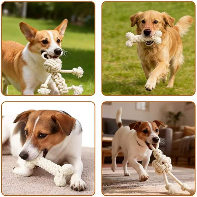 3 Pack Cotton Rope Dog Toy Set, Indestructible Chew Toys for Aggressive Chewers, Puppy Teething Toys with Bone, Human & Chinese Knot Designs for Boredom Relief & Tug of War, White
