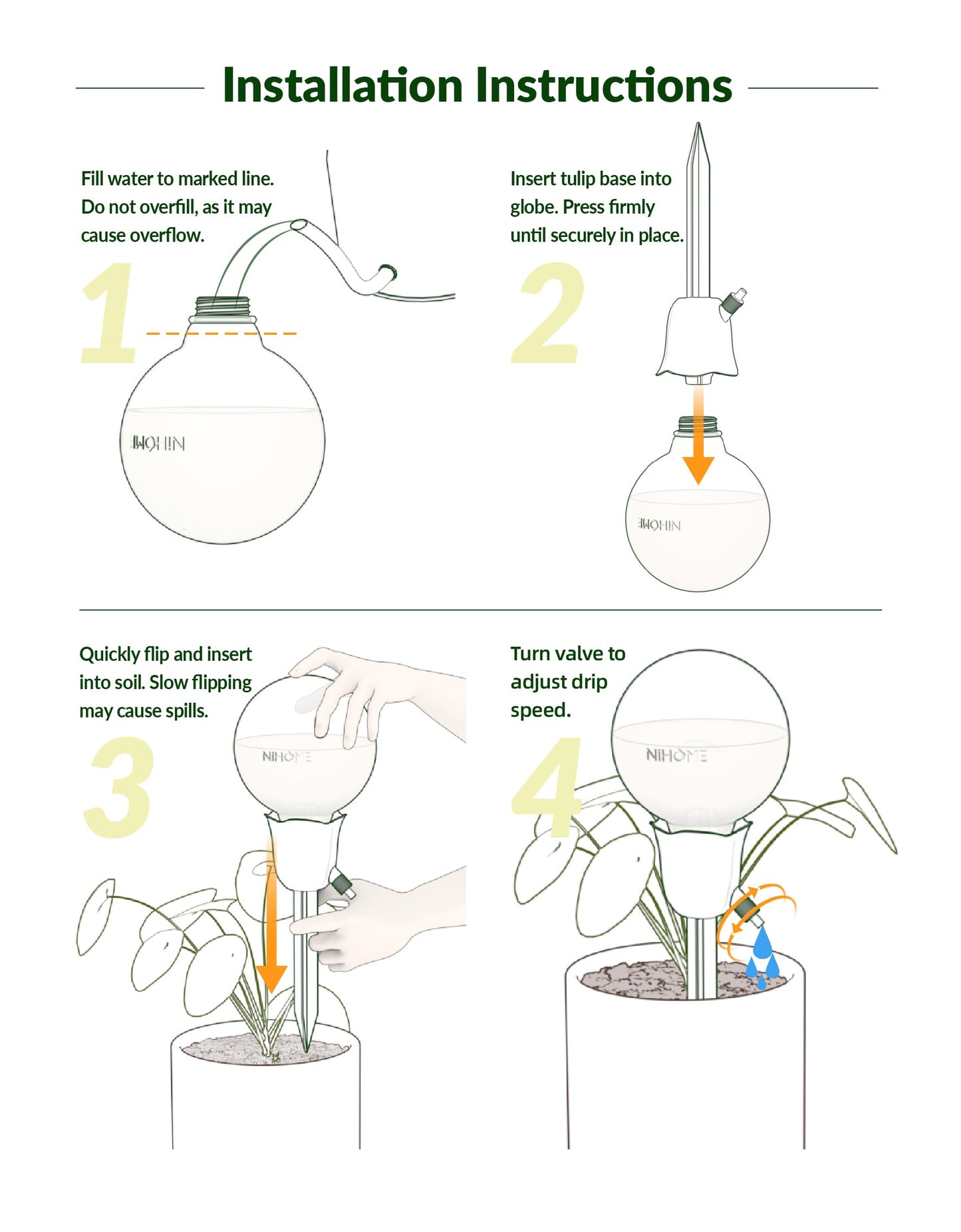 NiHome 4PCS Self-Watering Globes for Indoor & Outdoor Plants, Adjustable Flow Automatic Drip Irrigation Bulbs w/Tulip Stakes for Potted Plants, Succulents, Hanging Baskets, Gardens (2 Pink + 2 Green)
