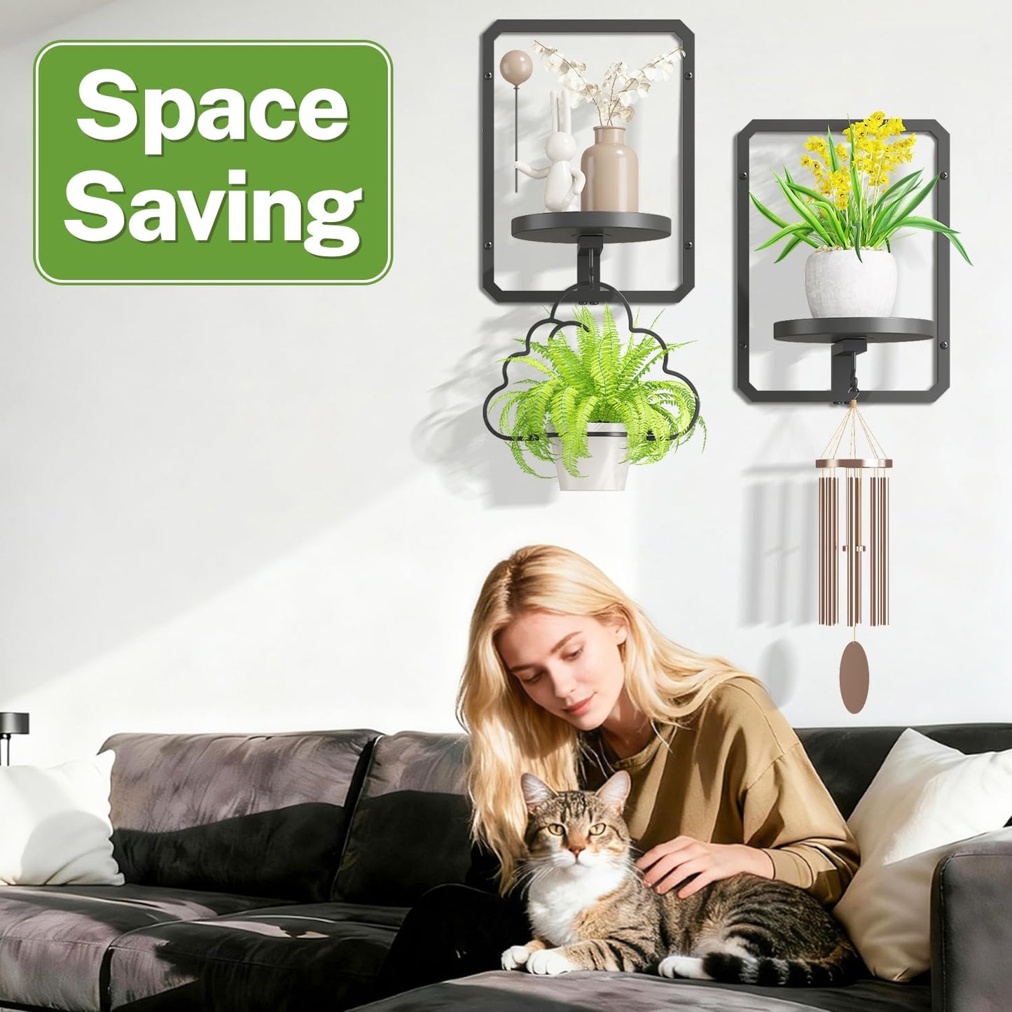 iDavosic.ly Wall Plant Picture Frame Holder Set of 2 for Indoor, Metal Stand with Hanging Hooks, Floating Flower Display Decor, Space Saving & Easy to Assemble (Pots/Chains/Plants Not Included)