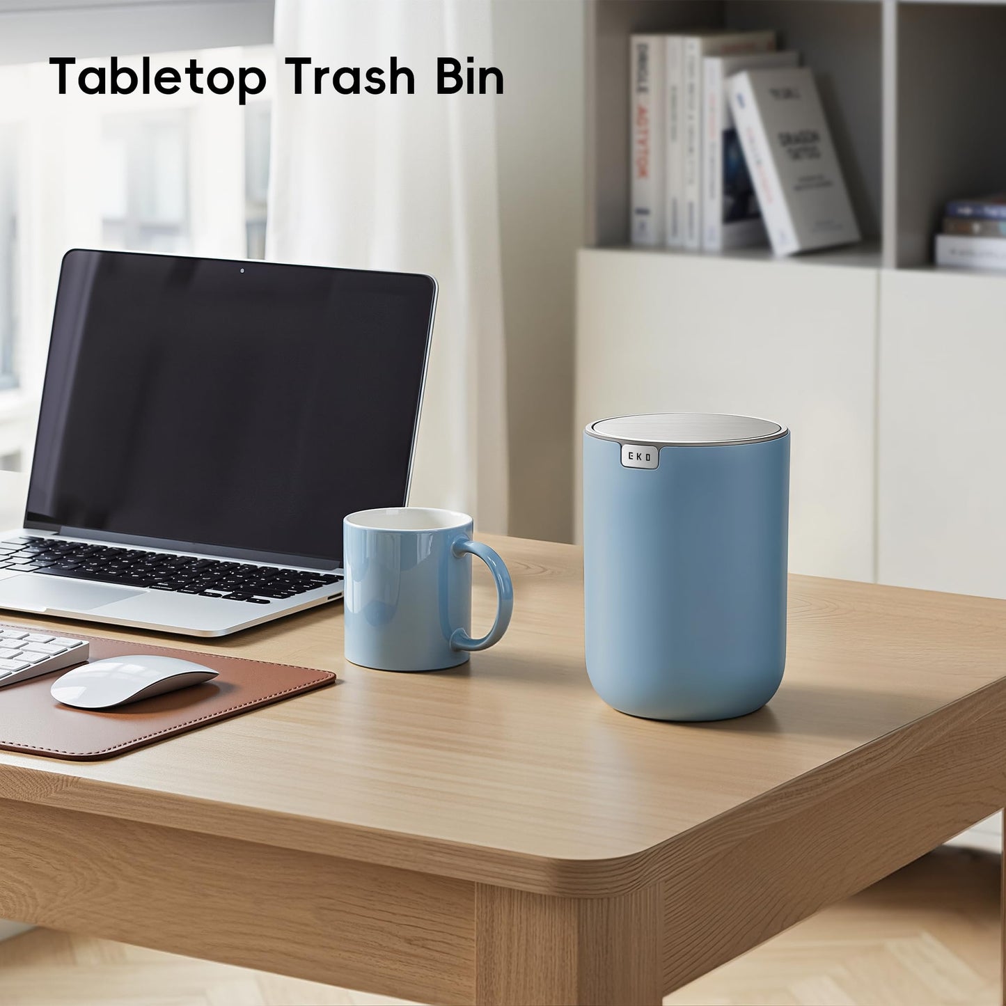 EKO Fandy 0.58 Gal/2.2L Mini Trash Can with Lid, Swing-Top Desktop Trash Can for Bathroom, Countertop, Vanity, Desk or Office, Small Garbage Bin (Blue)