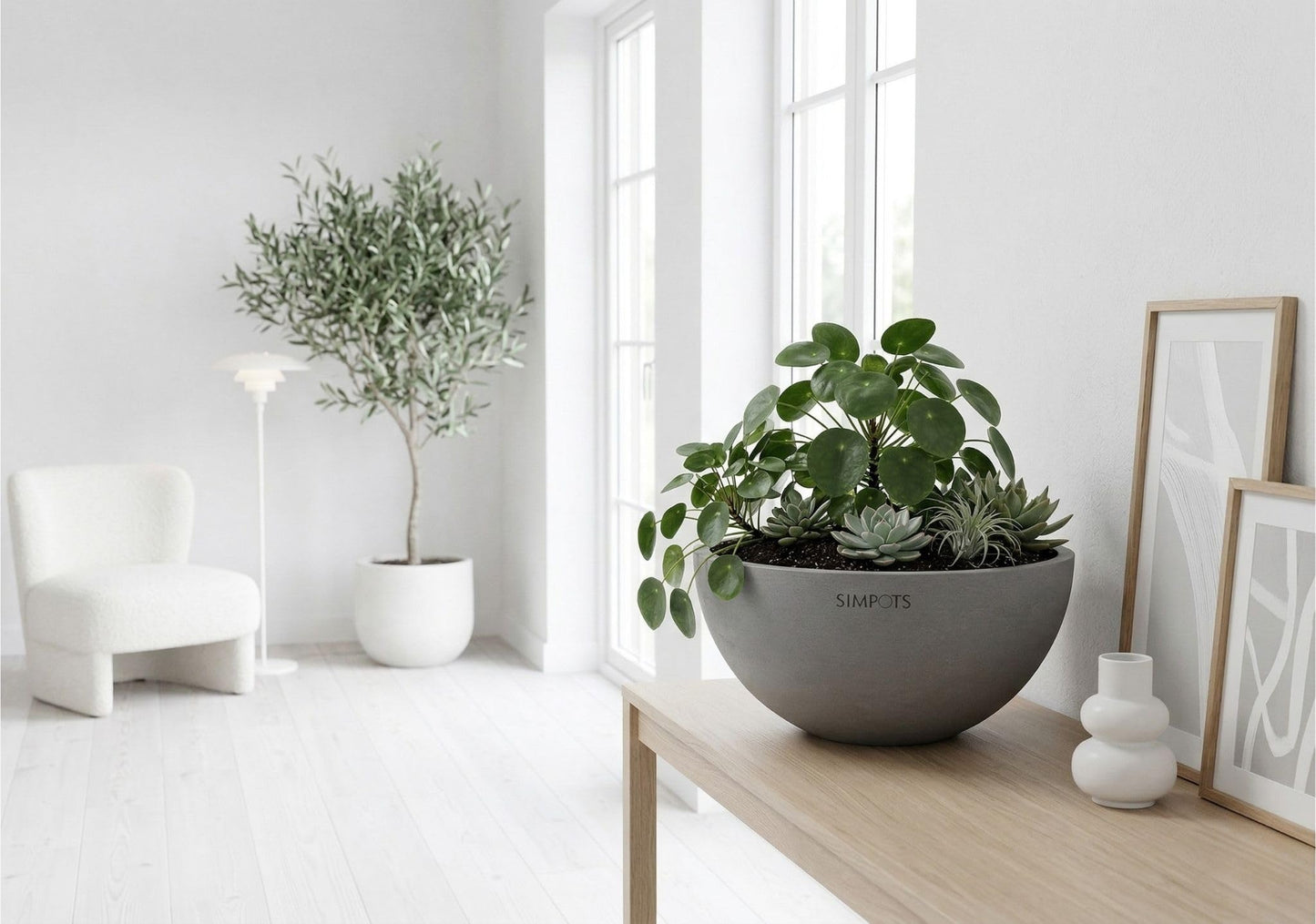 ONE ART Luxury Planters Hand-Finished Modern Design Durable Frost-Proof Indoor & Outdoor Use, Ideal for Desk, Garden, Conference Room, Office, Patio (Gray)