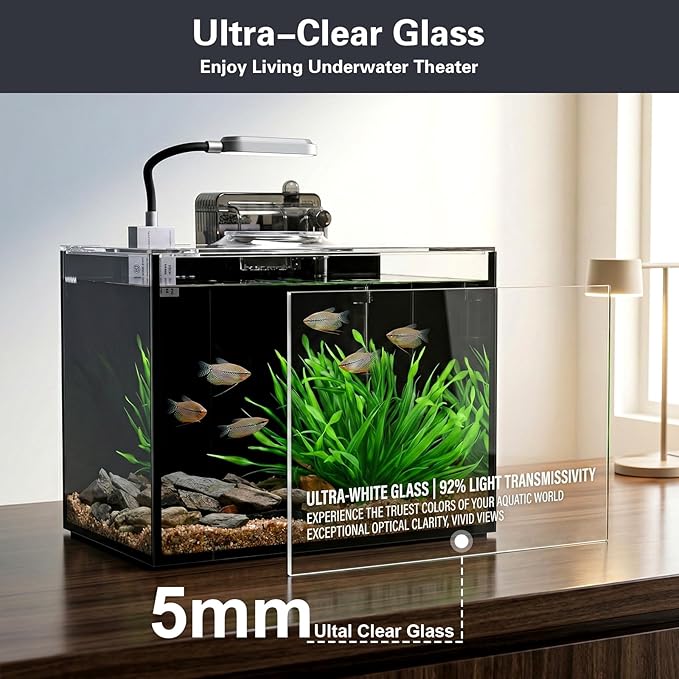2.5 Gallon Small Aquarium Set Glass Fish Tank,Desktop Small Aquarium Kit for Beginners and Children to Keep Betta Fish, Goldfish, Shrimp, and Aquatic Plants (Black, 2.5 Gallon (Complete Kit) )