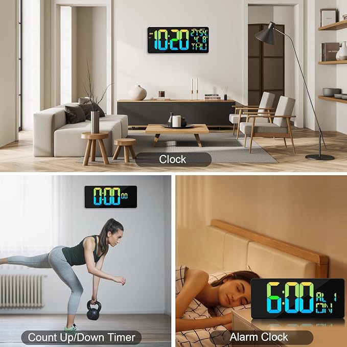 11 RGB Color Changes Large Digital Wall Clock/Bluetooth Auto Time Sync, Remote-Controlled Digital Wall Clock Large Display with Alarm/Timer Function, DST, Indoor Temperature/Humidity Display (18 inch)