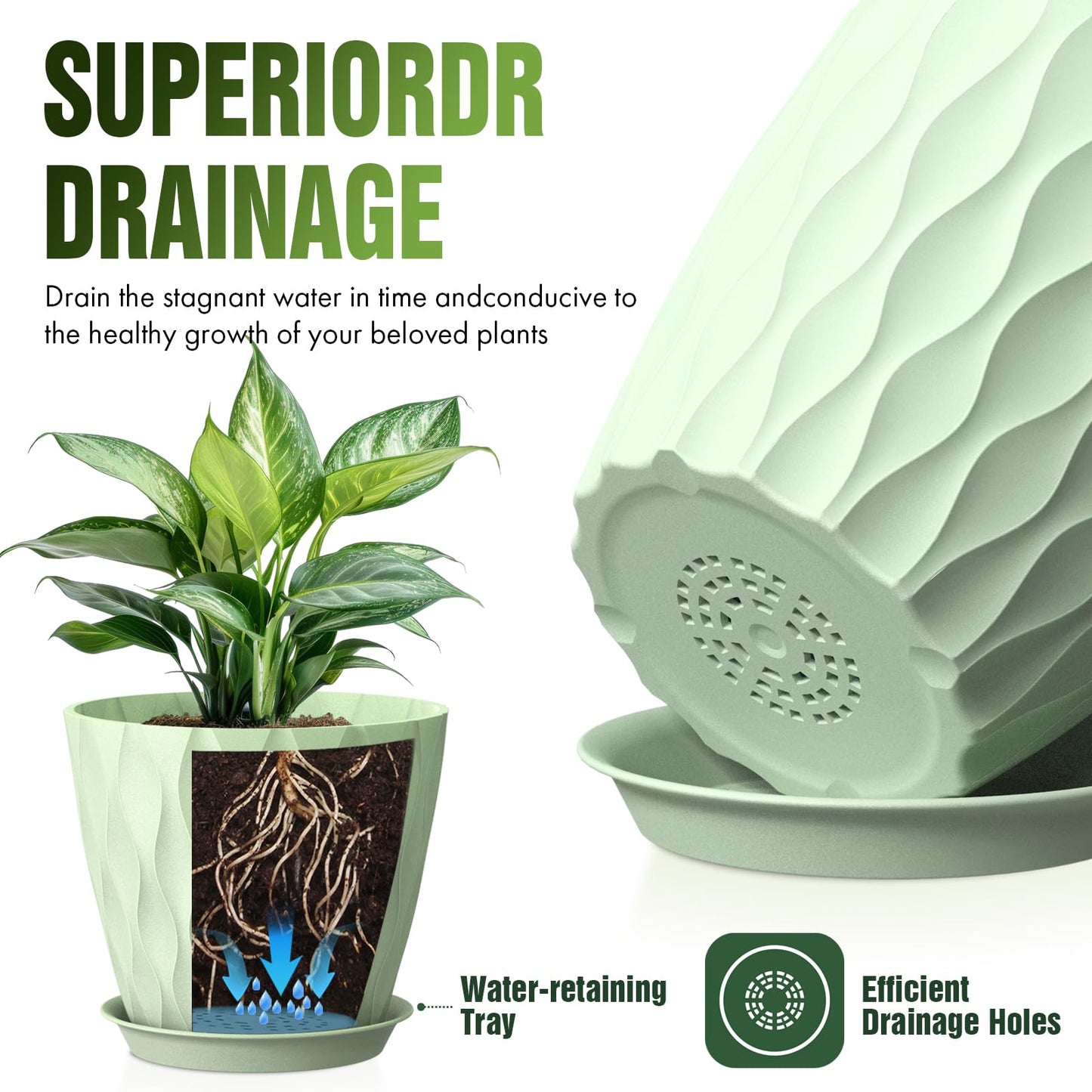 Areutxbis 8 Inch Wave Plant Pots with Drainage Holes & Saucers, 4 Pack Modern Textured Medium Planters for Indoor Outdoor Plants, Decorative Flower Pots Repotting Set for Flowers, Herbs (Green)
