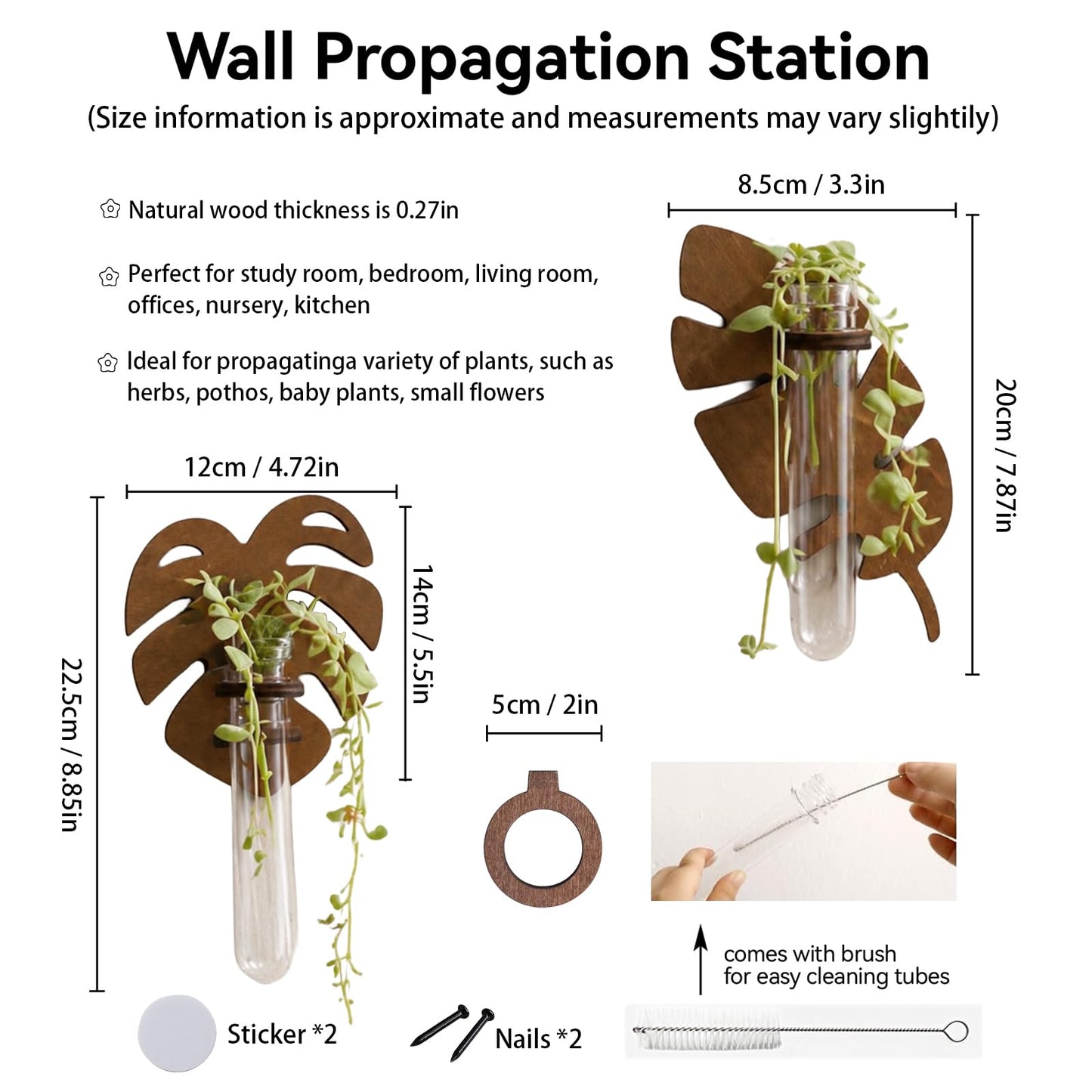 Artilady Plant Propagation Station 2 Pack Wall Hanging Plant Terrarium Holder with Test Tube Wood Window Planter Indoor Decor for Living Room Bedroom Kitchen (Leaves)