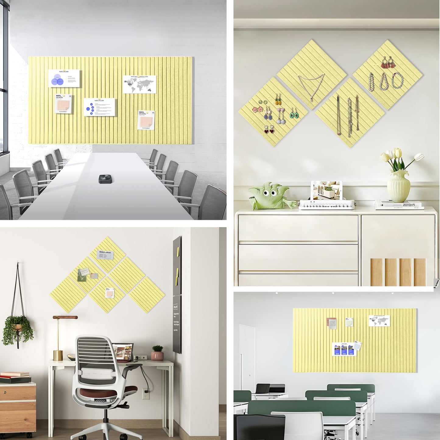 Large Cork Board for Office, 8 Pack Felt Wall Tiles with Slat Wall Paneling and Safe Removable Adhesive Tabs, Felt Bulletin Board Pin Board Cork Boards for Walls - Butter Yellow