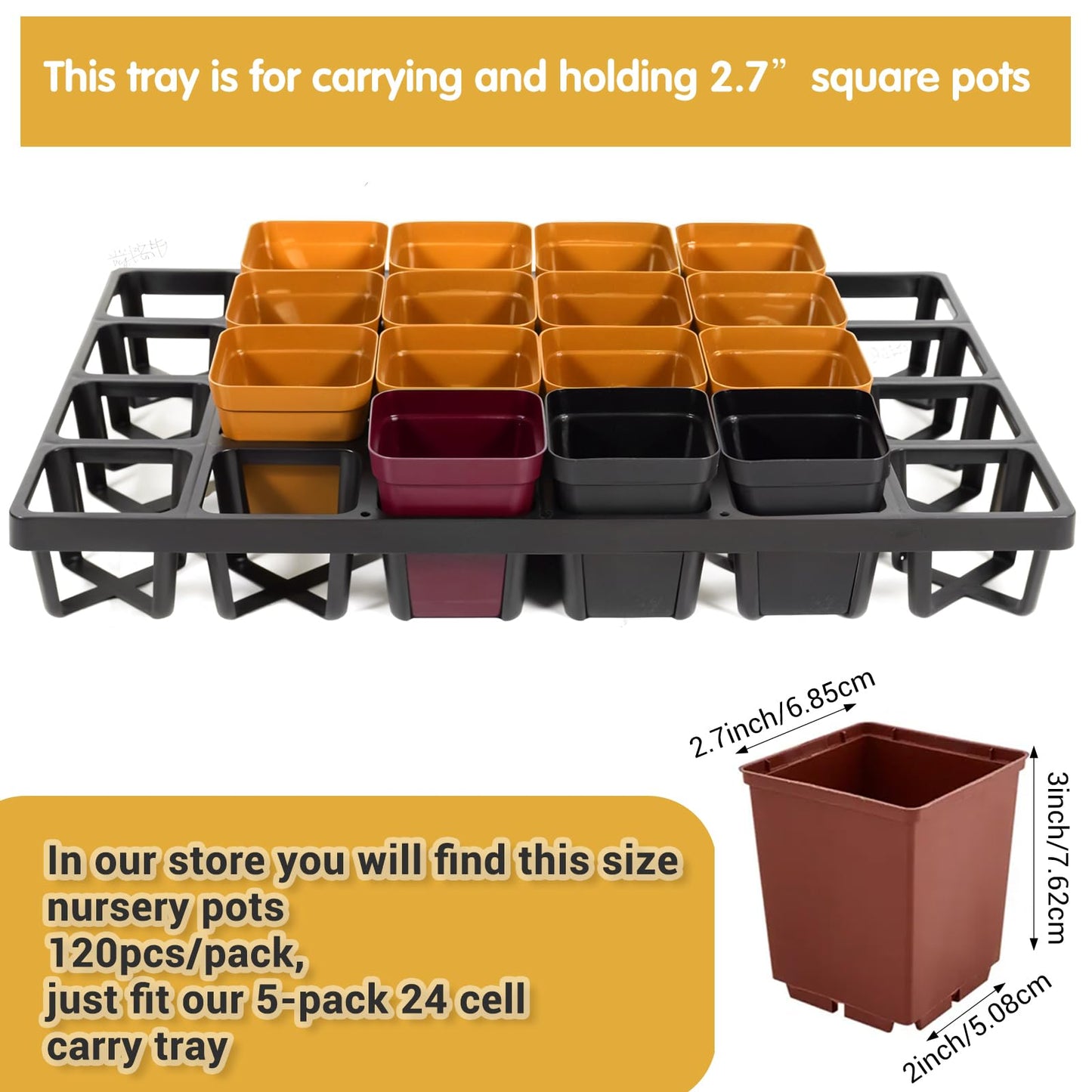 wutfuooo 5 Pack Square Nursery Pot Tray with 24 Cells, Plant Trays for Pots, Flower Pot Moving Tray, Plastic Planting Trays for Carrying Small Plant Pots
