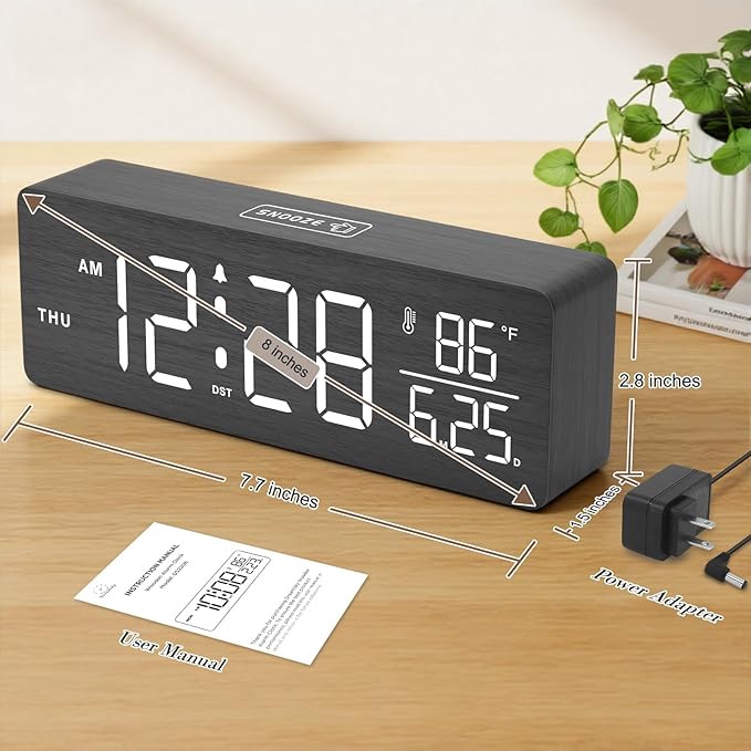 DreamSky Wooden Digital Alarm Clock with Date & Day of Week for Bedroom | Large Display Desk Clock for Living Room, Temperature, Dimmer, Adjustable Volume, Auto DST, Office Wood Décor (Plug-in)