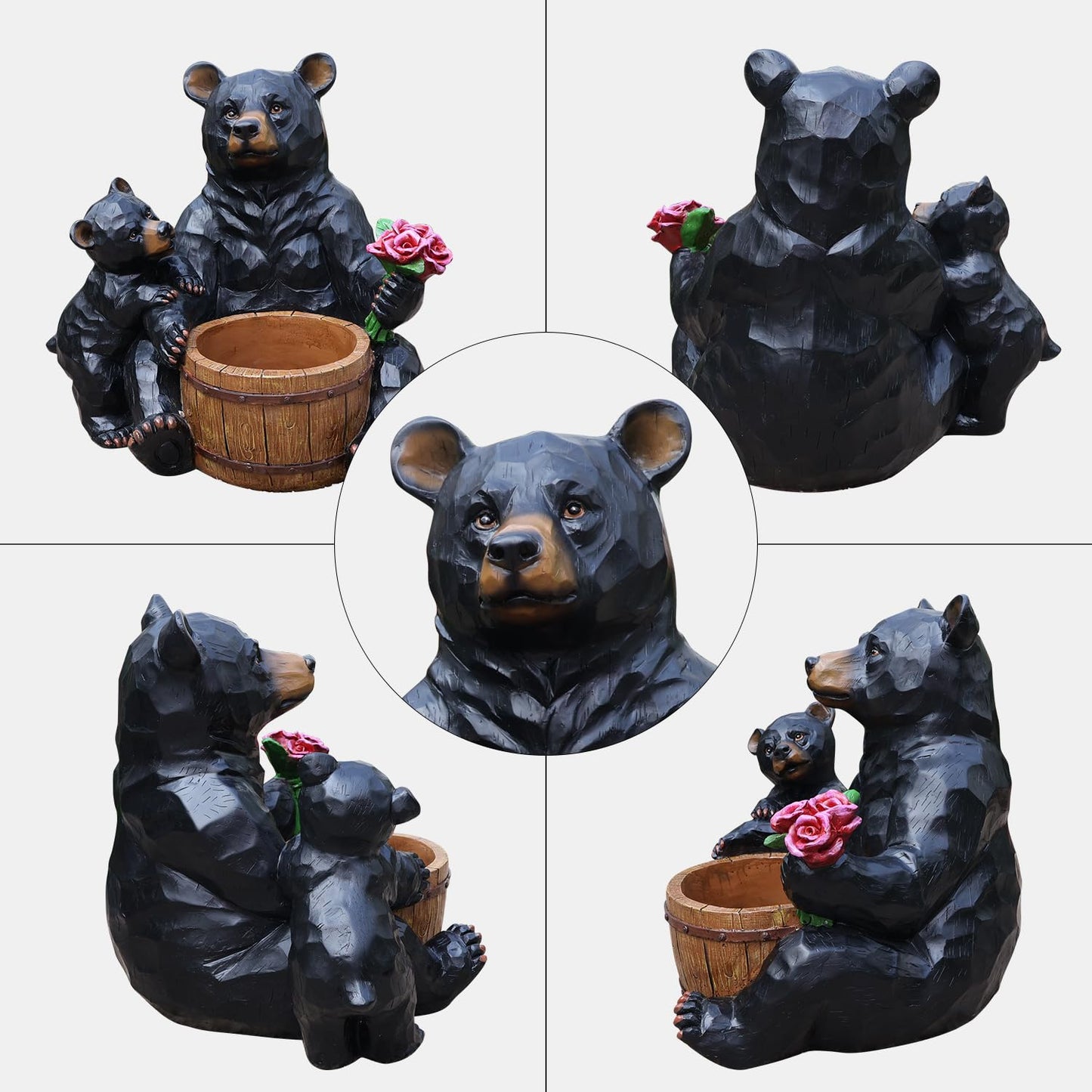 elesculor Black Bear Mother & Cub Garden Statue Planter, Resin Outdoor Flower Pot with Barrel Basket, Decorative Animal Planter for Patio, Yard, Lawn, Cabin Decor