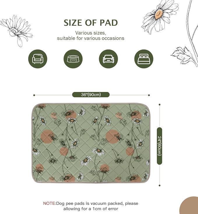 IEUUMLER Washable Pee Pads for Dogs, 2 Pack Non-Slip & Waterproof Pack Whelping Pad, Reusable Washable Puppy Potty Training Pad with Fast Absorbent for Playpen EU007 (Grass Green Daisy, 36"X24"-2pcs)