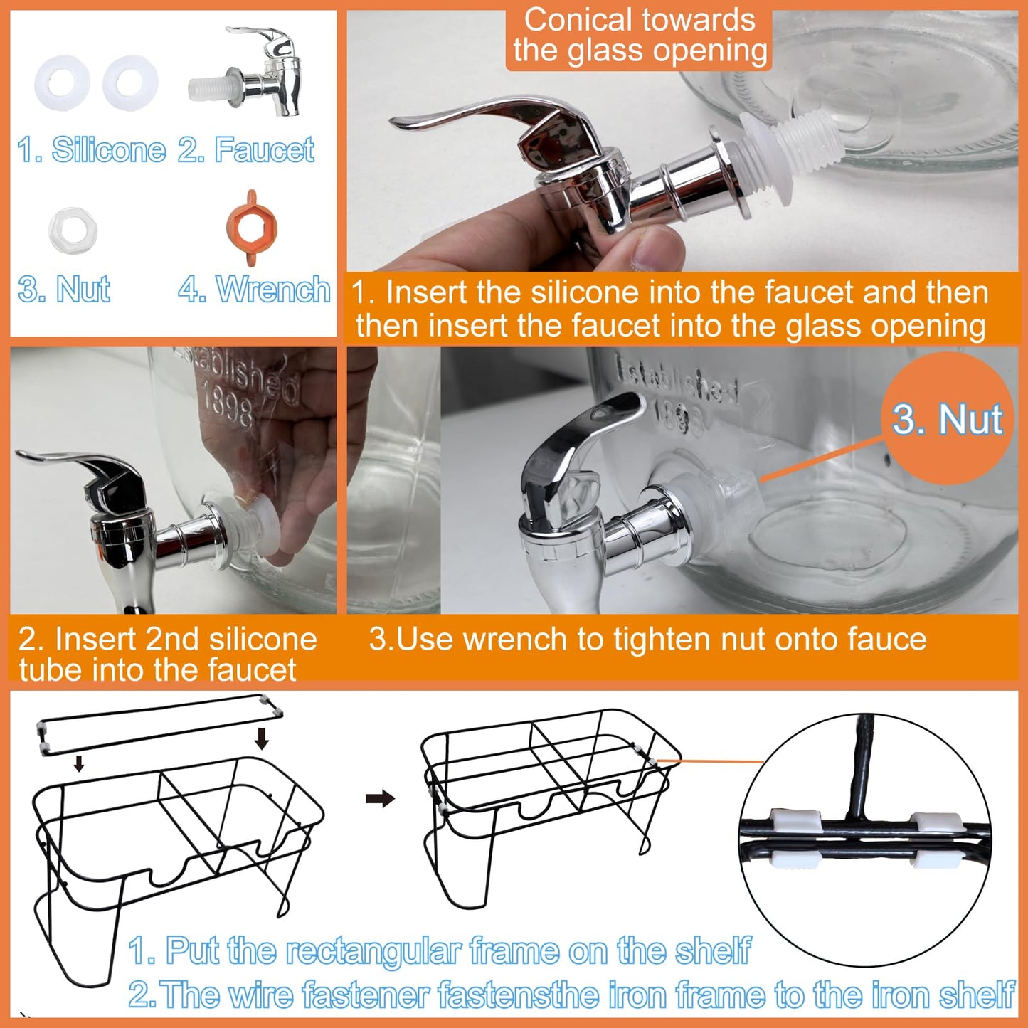 1 Gallon Glass Drink Dispenser for Parties, 2 Packs Juice Lemonade Ice Tea Water Dispenser with Stand, HENABLE Beverage Dispensers with Spigot for BBQ, Picnic, Party