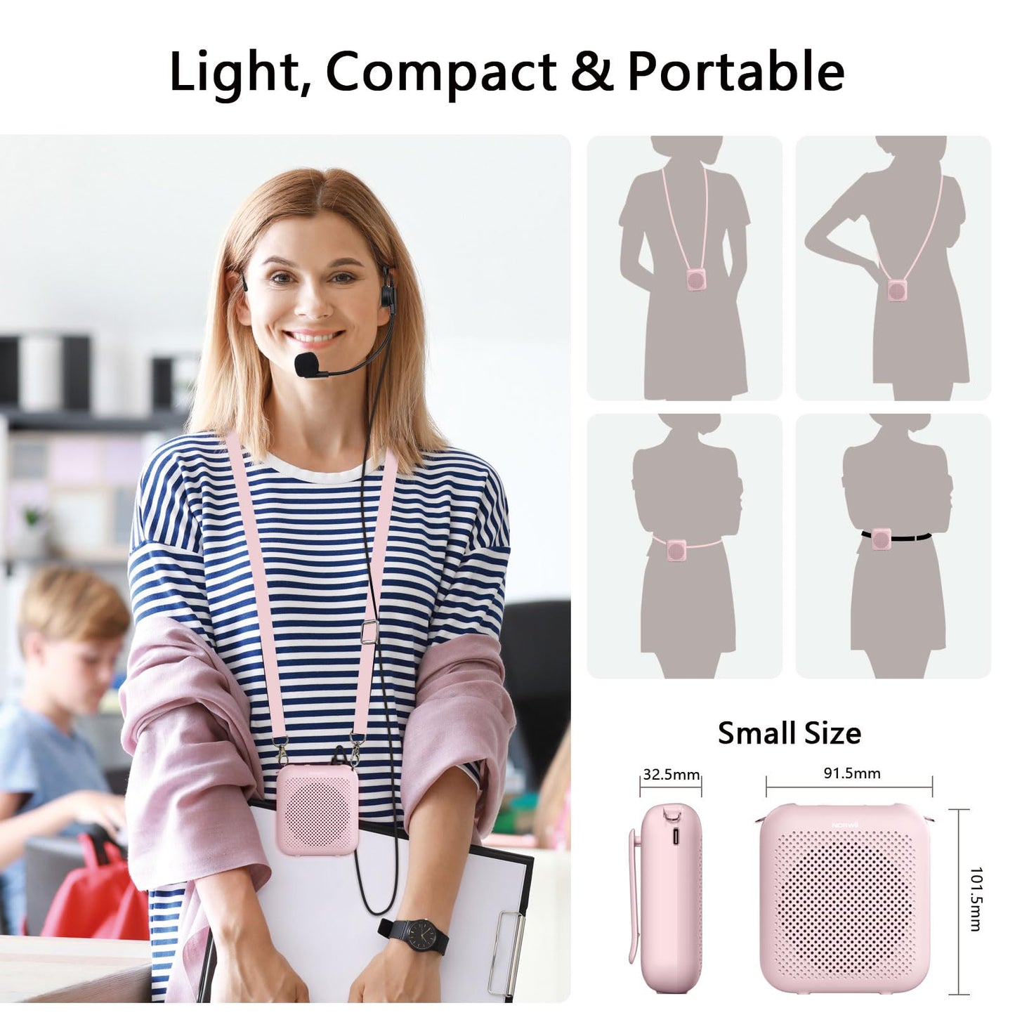 Norwii Bluetooth Voice Amplifier, Power Amplifiers, Portable Mini Wired Microphone Headset for Teacher Classroom & Outdoor Lectures, Teaching, Tour Guides, USB-C Rechargeable - 4000mAh, Pink