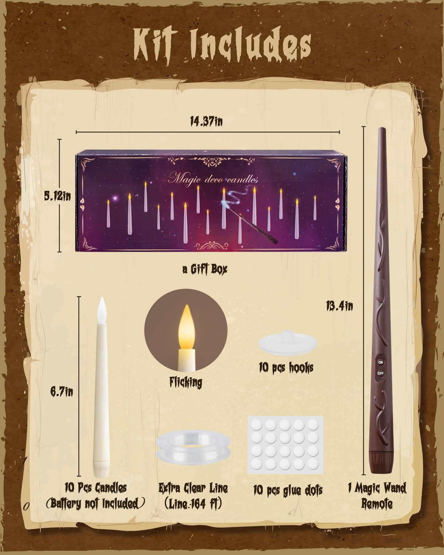 Meigic 10PCS Floating Candles with Wand Remote, Flameless Hanging Taper Candles with Flickering Warm Light, Battery Operated Magic Candles for Halloween Indoor Ceiling Decor, Hallway, Bedroom, Party