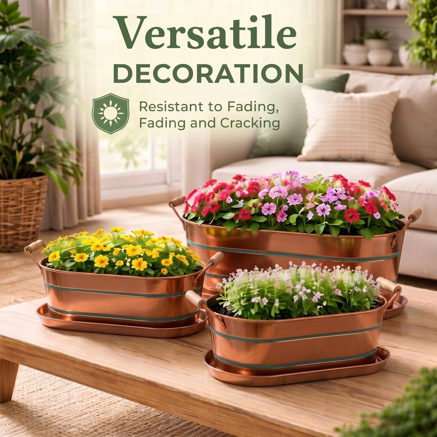 Zonon 3 Pack Galvanized Tub with Handles 17/12/10 Inch Large Metal Planter Set for Indoor Outdoor, Stackable Rustic Retro Flower Pots with 4 Drainage Holes