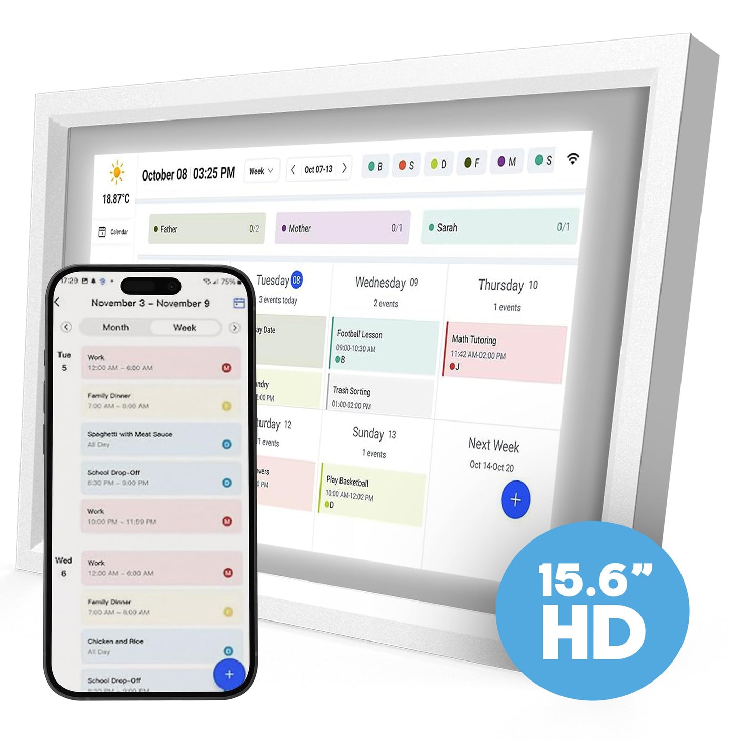 15.6 Inch Digital Calendar with Wall Mount Option, HD Touchscreen Planner, Wi-Fi sync, Color Coded Scheduling, Meal Planning, Chore Chart for Family and Home Organization