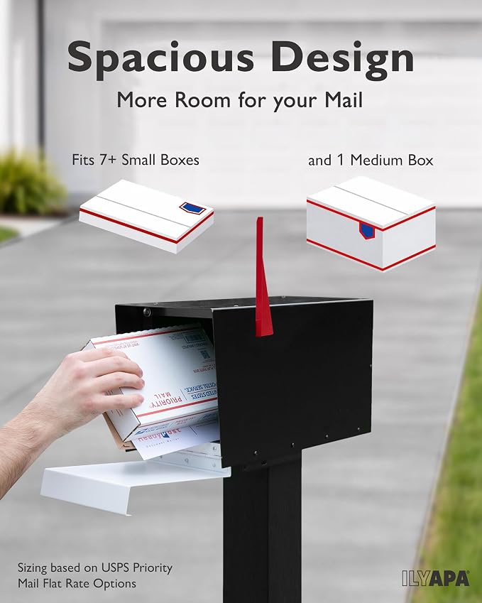 Ilyapa Modern Mailbox for Post Mount - Black with White Door Powder Coated Steel, Waterproof Letter Box for Parcels, with Recessed Magnetic Close Door