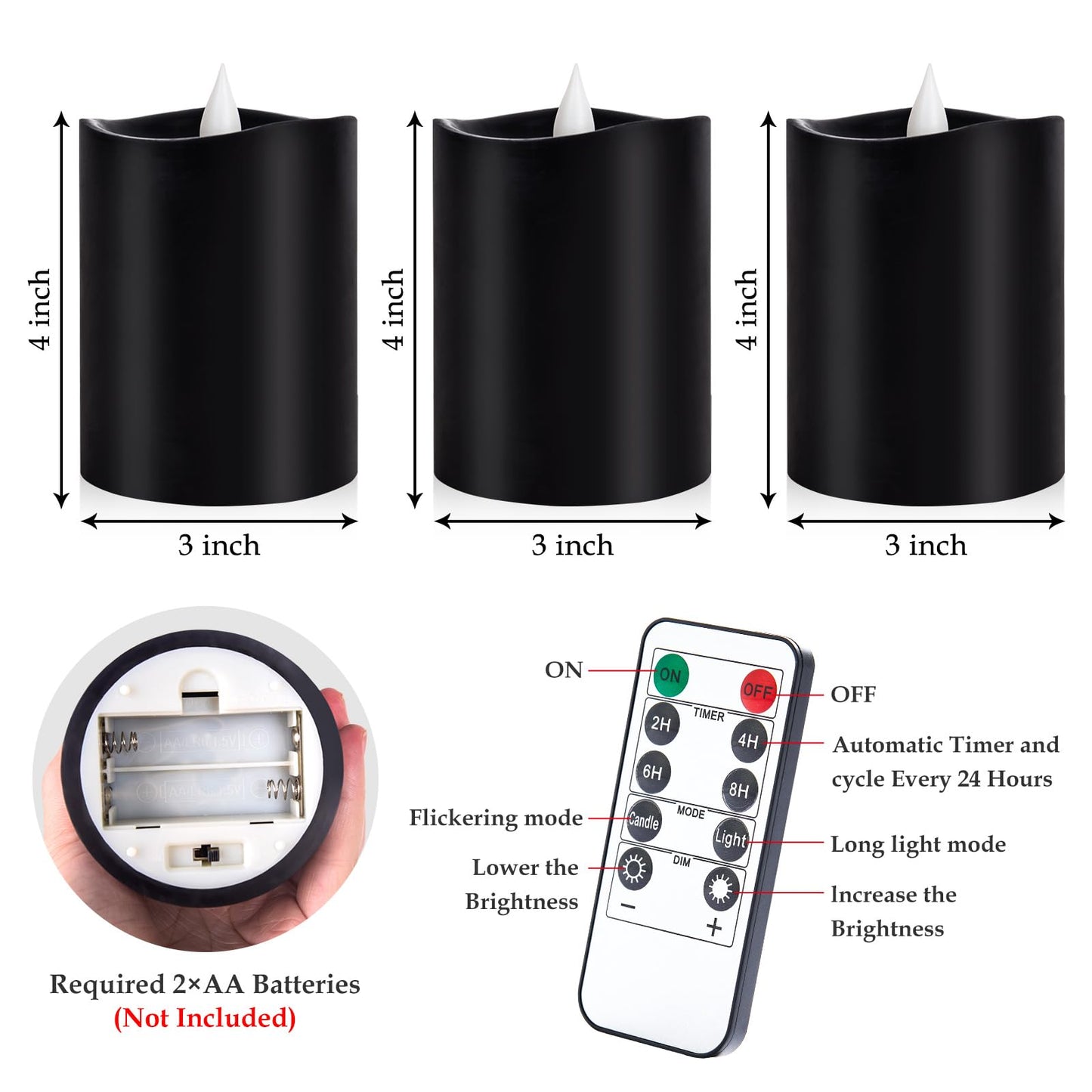 Woocodowe Black Pillar Flameless Candles - 3D Flickering, Remote Timer, Battery Operated, 600+ Hours, Halloween & Gothic Themed Decor (Black, 3"*4"-3pcs)
