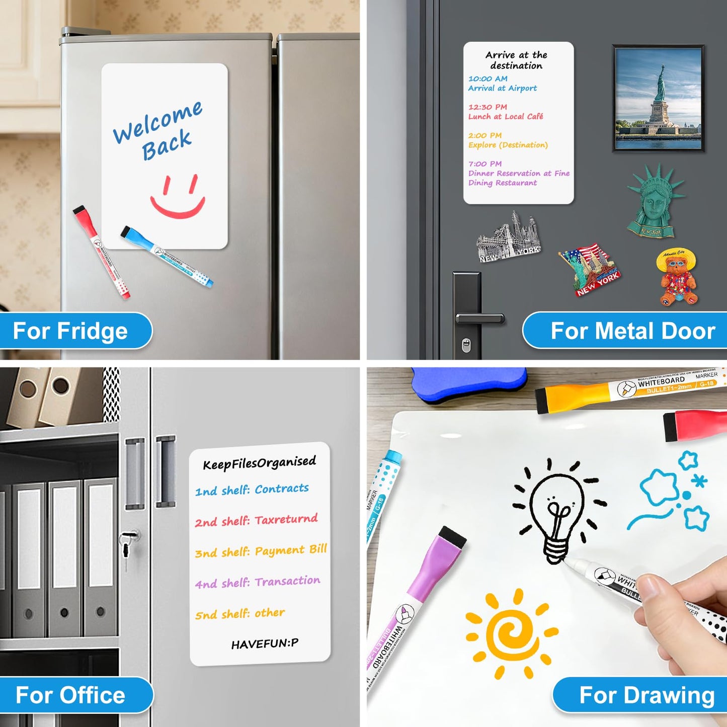 Magnetic Whiteboard for Fridge, 4-Pack Dry Erase Boards (12×8 in) with 5 Markers & Eraser, Strong Magnet & Stain-Resistant Surface, Reusable Message Board for Fridge, Family Planner & Kitchen Notes