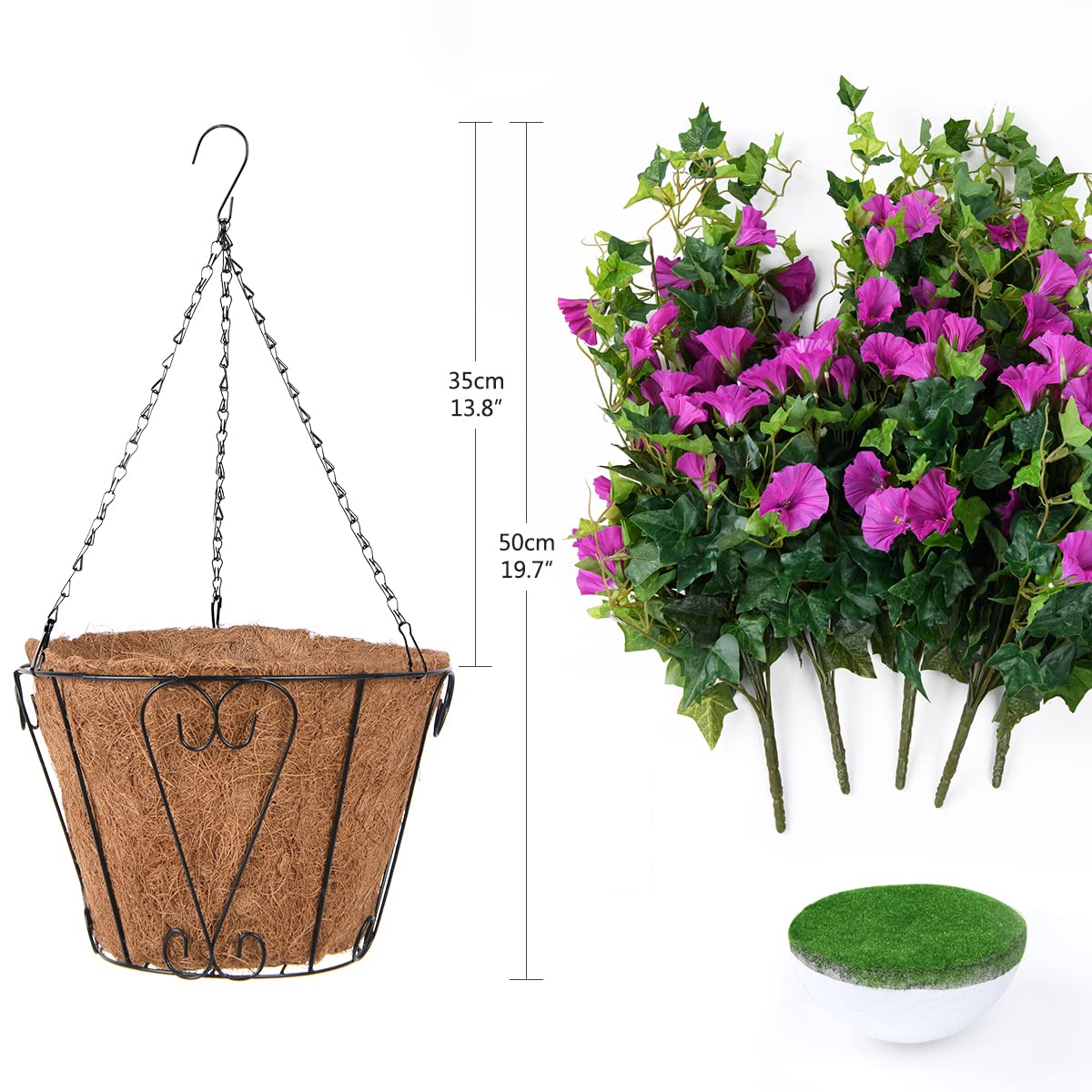 Homsunny Artificial Vine Silk Petunia Flowers Hanging Plant in Basket, Coconut Lining Basket Hanging Plant for Patio Lawn Garden Porch Spring Decor (Purple)