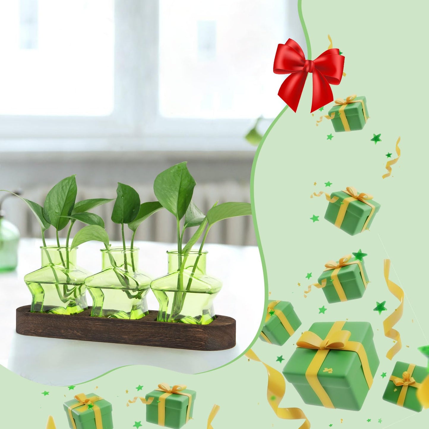 XXXFLOWER Plant Propagation Station with Wooden Stand,Air Plant Terrarium Starter Kits Star Vases for Flowers Plant Cutting Rooting Pots Indoor Hydroponic Glass Planter for Plant Lovers,3 Jars(Green)