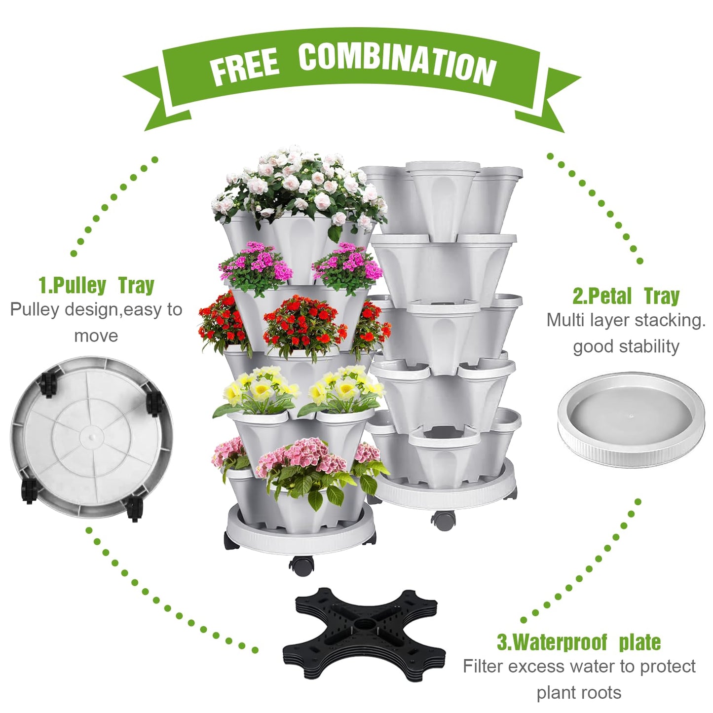 Bociks Vertical Strawberry Planter 7 Tier Stackable Tower Herb Planters-Stacking Garden Outdoor Grey Planter Pot with Tools Mover for Succulents, Vegetables and Flowers