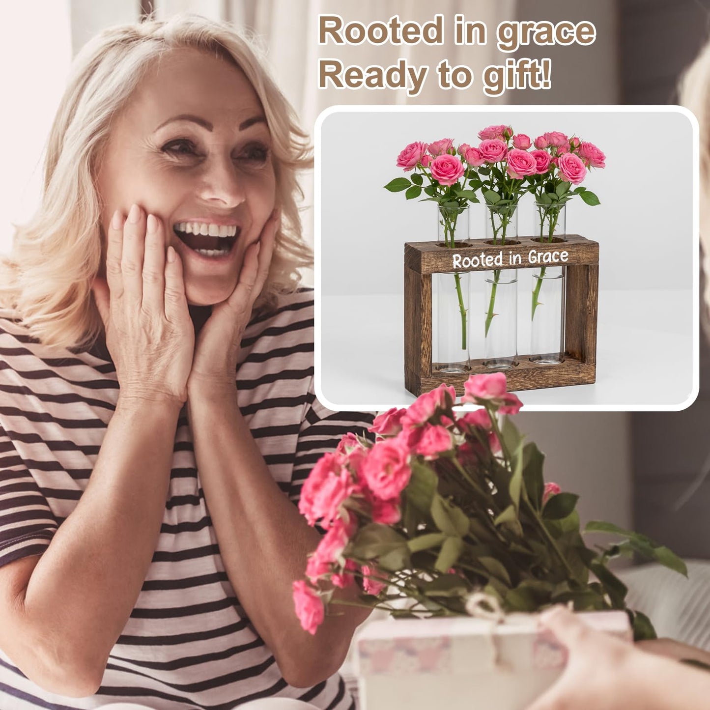 LBCIGOR Rooted in Grace Propagation Station – Wooden Plant Holder with 3 Glass Vases, Indoor Rooting Station for Cuttings, Christian-Inspired Gift for Women, Birthday, Housewarming, Plant Lover Décor