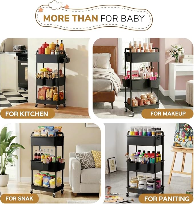 Goovilla Diaper Cart with Lockable Wheels and Easy Assembly, 3 Tier Black Rolling Cart for Baby Nursery Storage, Sturdy Ample Diaper Caddy Organizer for Baby Girl, Boy, New Mom, Newborn Essentials