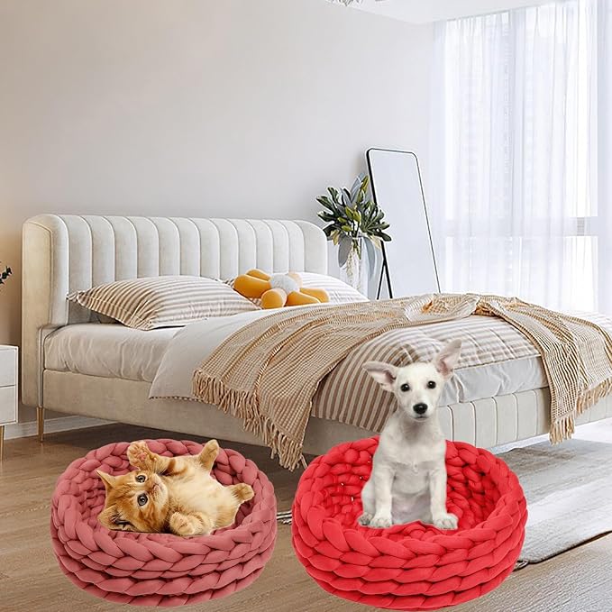 Woven Dog Bed Basket, Knitted Cotton Cat Bed Round Washable Woven Cat Pet Bed Chunky Dog Basket, Orthopedic, Chunky Knit Dog Nest,Dog Bed,Dog Cave,Dog Bedding(Pink,21")