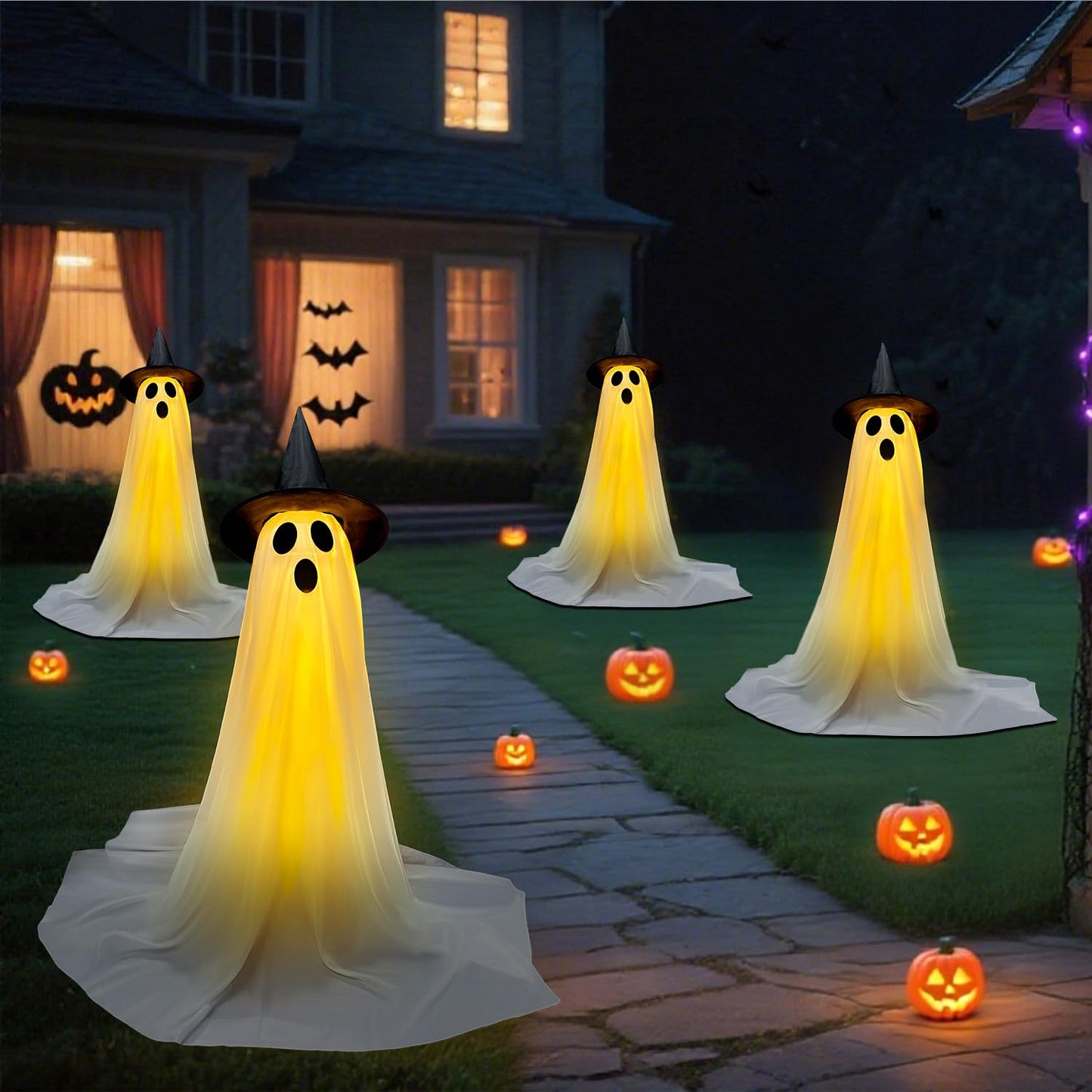 Halloween Decorations Outdoor & Indoor Decor - 2 Pack 59-inch Remote Control Spooky Ghost String Lights with Witch Hats, Halloween Lights for Porch, Yards, Patio, Garden Lawn, Party