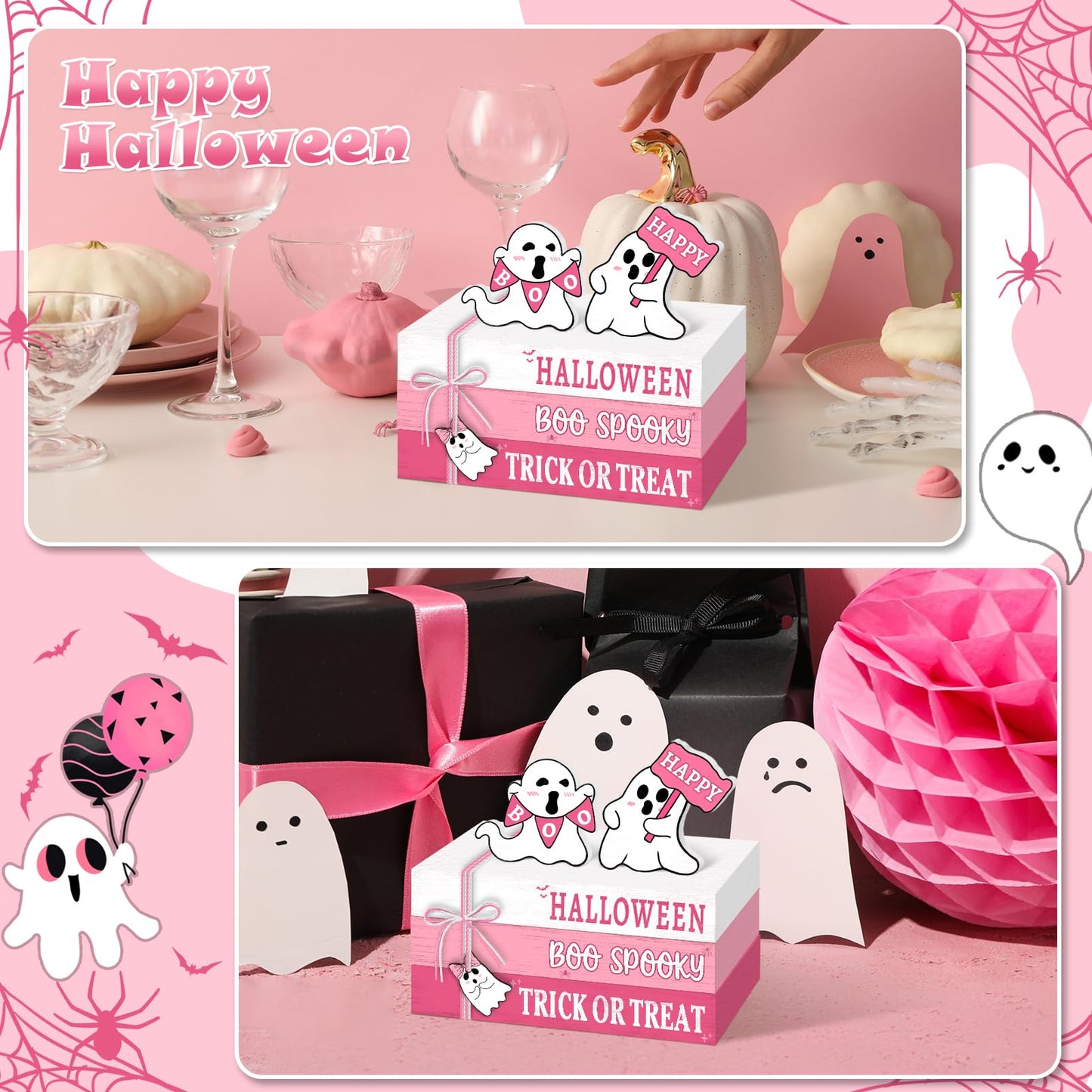 Culudea 6 Pcs Halloween Decorations for home Pink Ghost Wooden Book Stack Sign Halloween Table Decor Tiered Tray Decor with Hanging Ghost Boo Table Centerpiece for Home Shelf Mantel