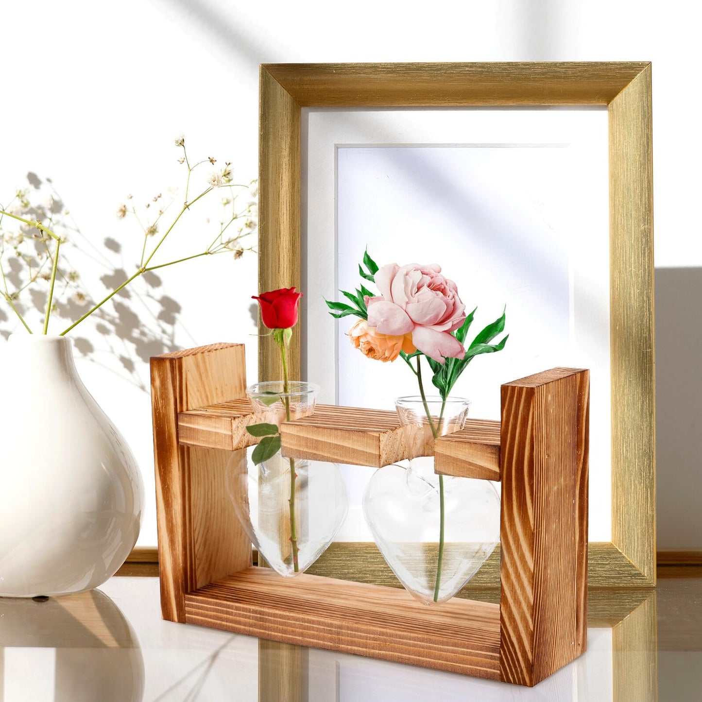 Abaodam Heart Shaped Hydroponic Glass Vase with Wooden Frame Stand, Desktop Plant Propagation Station for Indoor Terrarium and Flower Centerpiece Decor