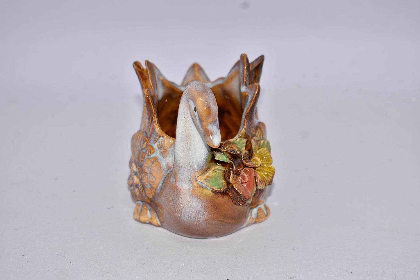 New Beautiful 5" White Swan Bird with Raised Flowers and Leaves Reactive Glaze Plant, Succulent, Cactus Planter Pot,Air Plant, Bamboo
