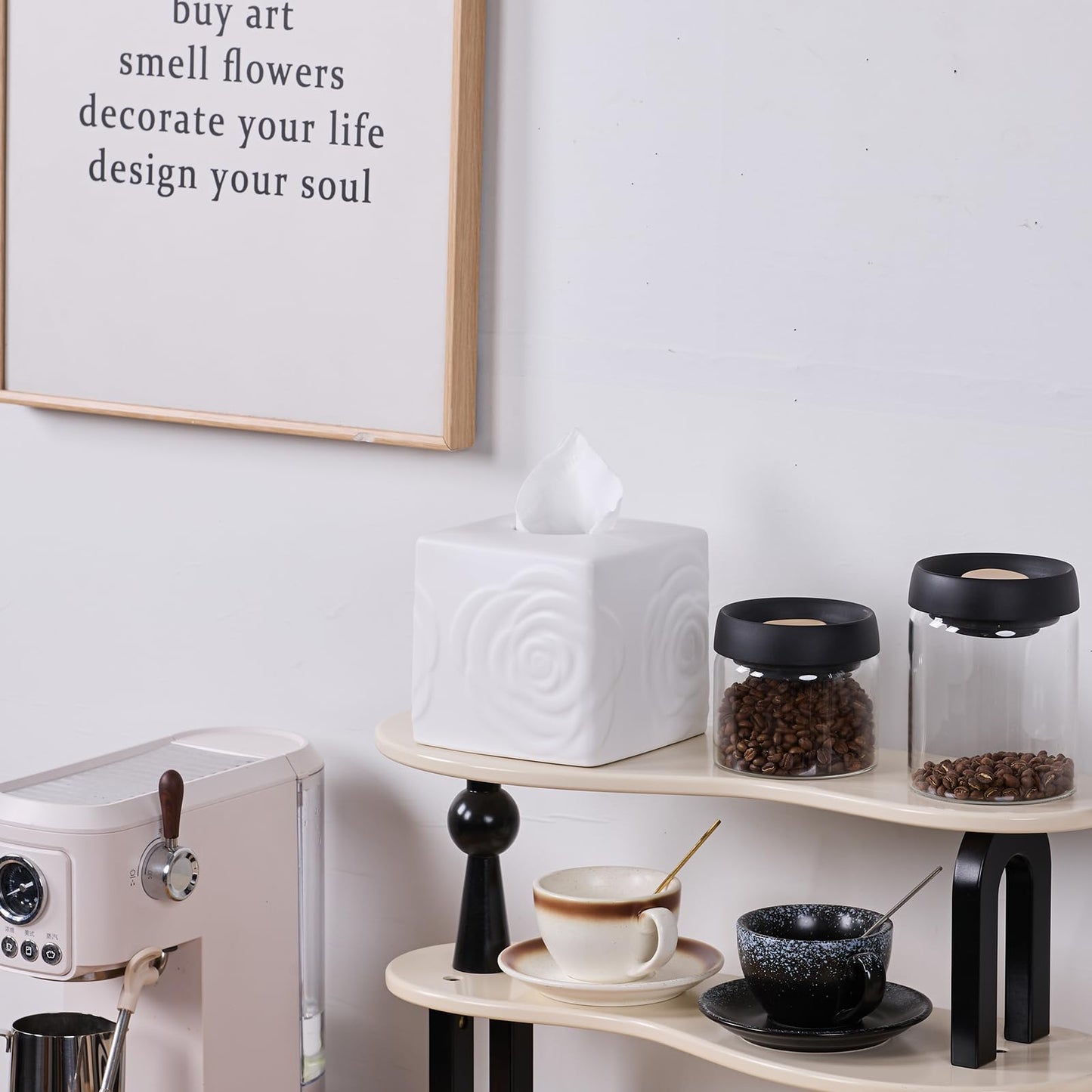 White Ceramic Rose Tissue Box Cover, Carved Flowers Large Square Tissue Box Holder Decorative for Bathroom, Vanity, Kitchen Countertop, Bedroom Night Stands, Office Desk Top