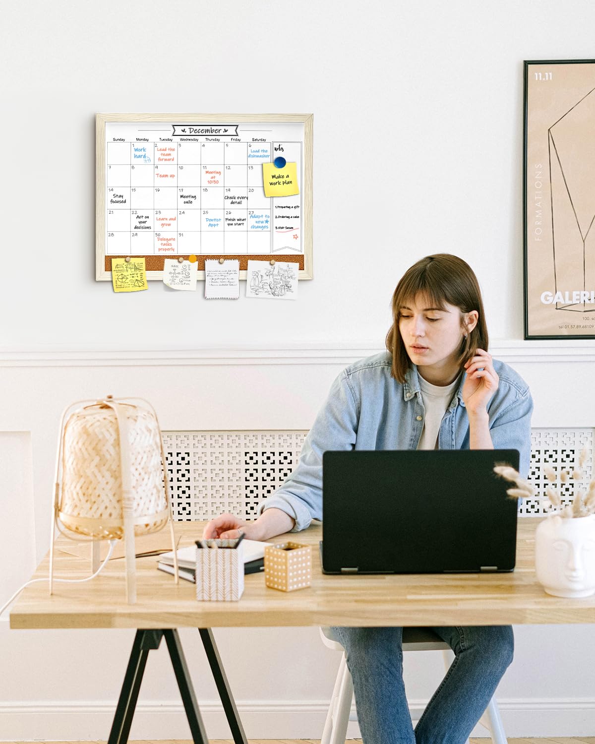 Dry Erase Calendar Whiteboard for Wall, Small Combination Magnetic Dry Erase White Board & Bulletin Board, 13" x 17",White Frame Calendar/Cork Combo Board(WH-3343)