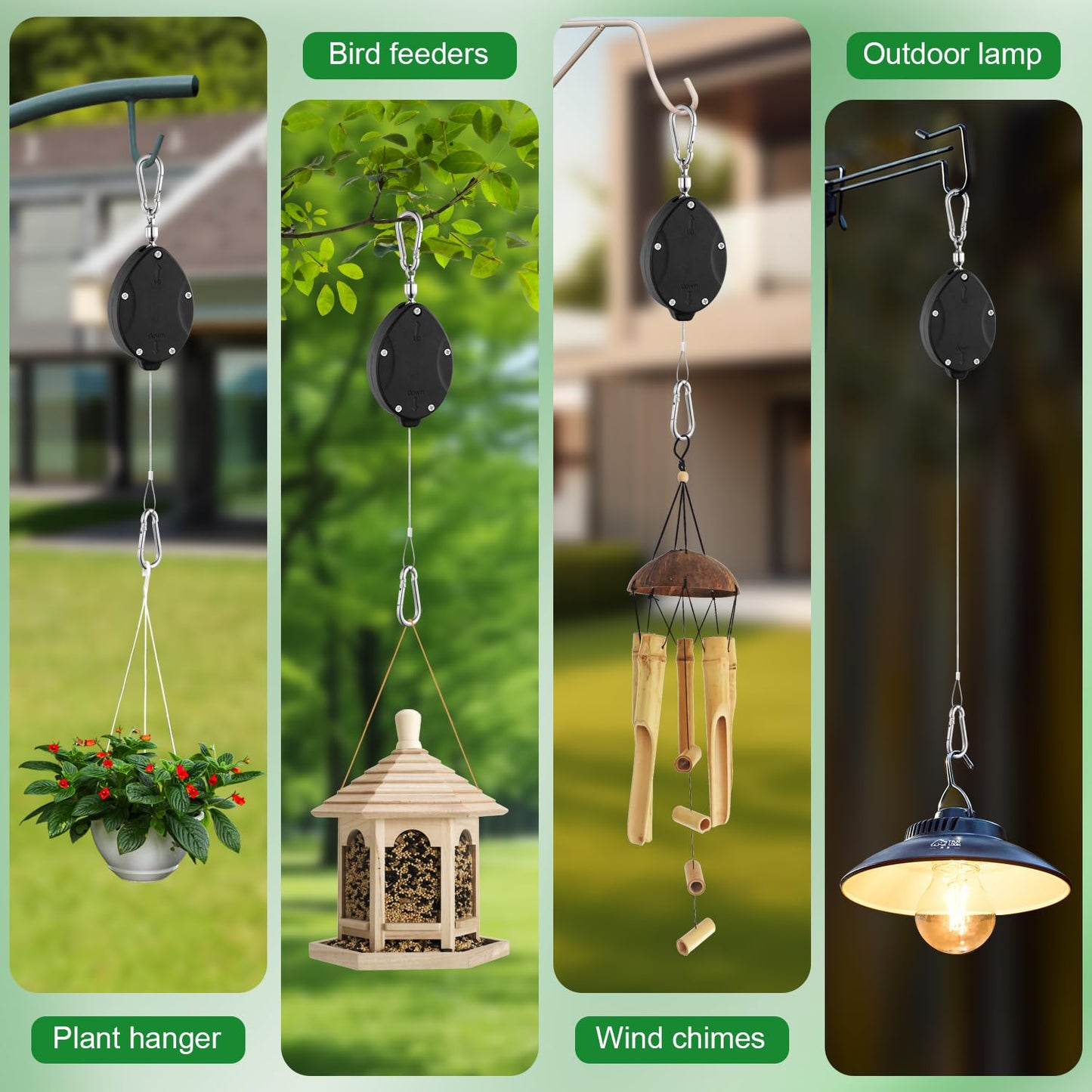 4 Pack Heavy Duty Retractable Plant Hangers, Adjustable Pull-Down Pulleys with 63" Stainless Steel Rope, Double Hooks for Hanging Plants, Bird Feeders, Planters & Pots, Indoor & Outdoor Use