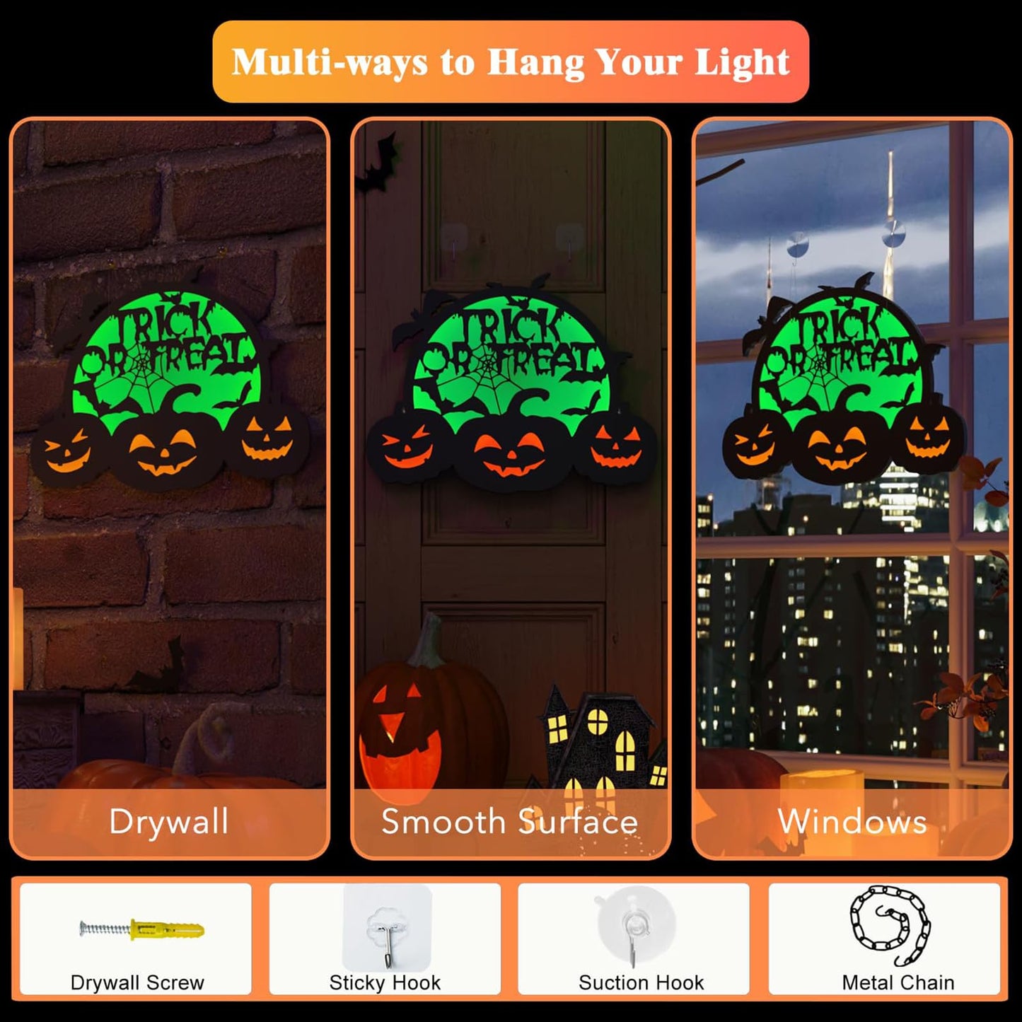Halloween Pumpkin Lights, LED Connected Jack O Lantern With Light Up Green Moon, Bat Spider Web & Trick or Treat Wording, USB & Battery Powered With Timer, Halloween Decorations Kids Wall Window Art