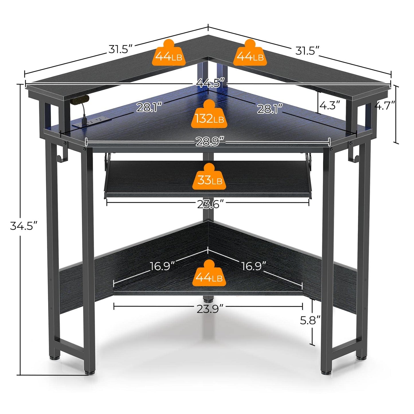 Rolanstar Corner Desk,44.5" W x 34.5" H Small Computer Desk with Power Outlets, Gaming Desk with LED Lights, Triangle Corner Table with Keyboard Tray & Monitor Stand for Small Space, Black
