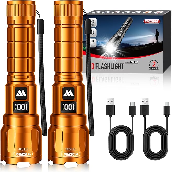 Wdtpro LED Rechargeable Flashlight 2 Pack, 3 Modes Super Bright High Lumens Flashlights, Zoomable Tactical Flash Light with LCD Display, IP65 Waterproof Flashlights for Home Emergency Camping - Orange